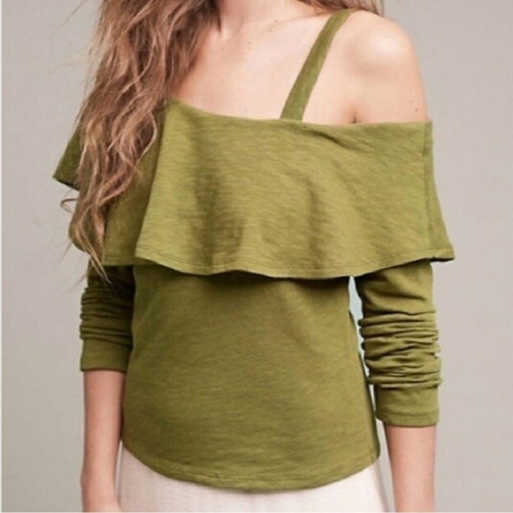 Anthropologie Green One Shoulder Top